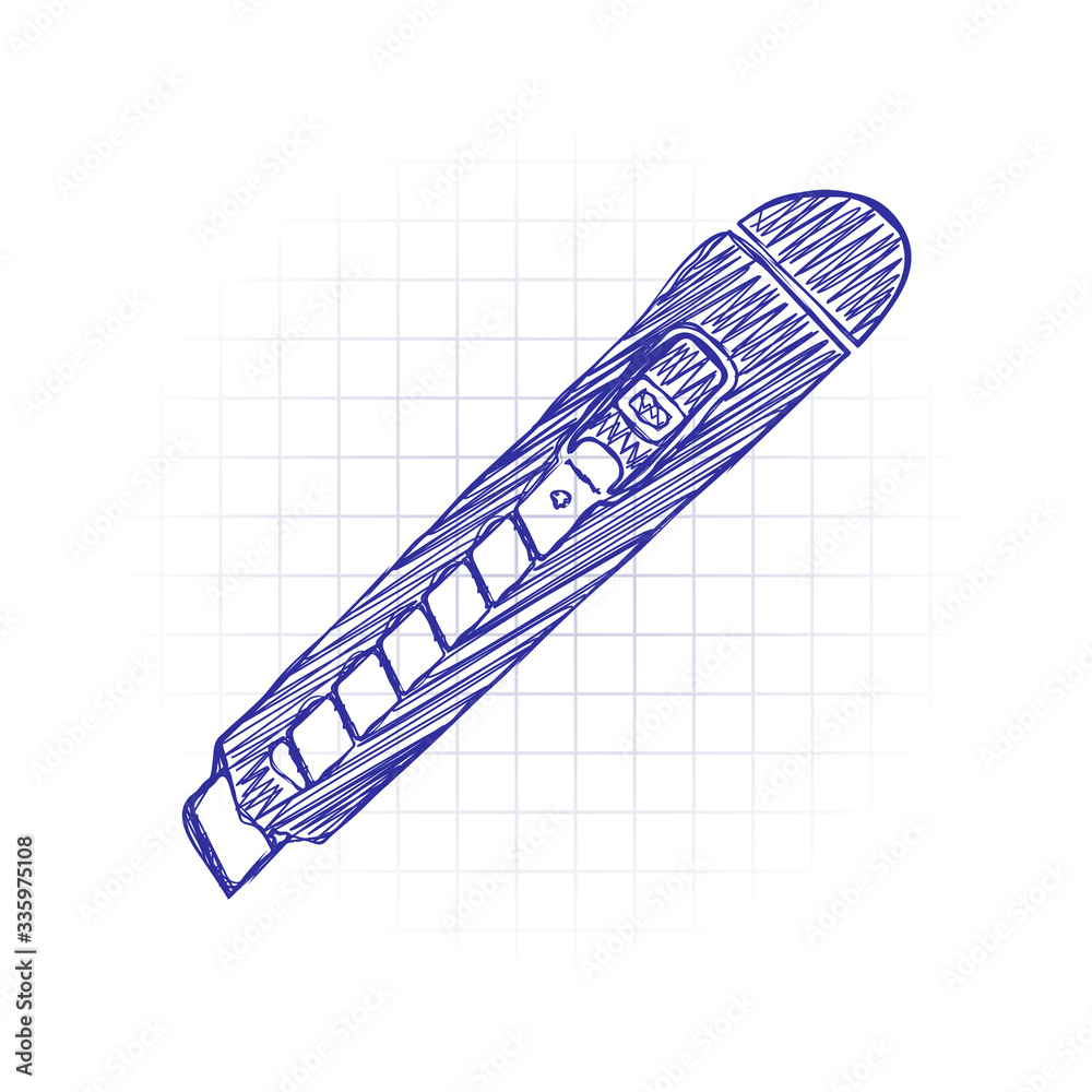 Paper cutter icon. Hand drawn sketched picture with scribble fill. Blue ink. Doodle on white background