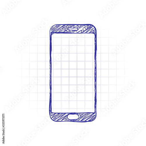 Sellphone icon. Hand drawn sketched picture with scribble fill. Blue ink. Doodle on white background