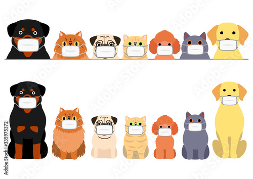 cute cartoon cats and dogs with medical mask border set