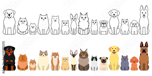 cute cartoon cats and dogs border set, full body
