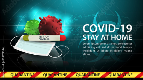 Dark blue background of the design banner template with a quarantine warning with COVID-19 coronavirus molecules 2019-nCoV biohazard sign restriction tape medical mask and test