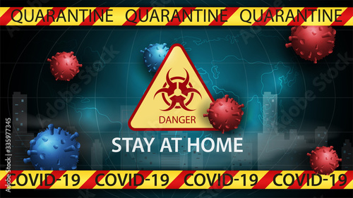 Dark blue background of the design banner template with a quarantine warning with COVID-19 coronavirus molecules 2019-nCoV biohazard sign restriction tape