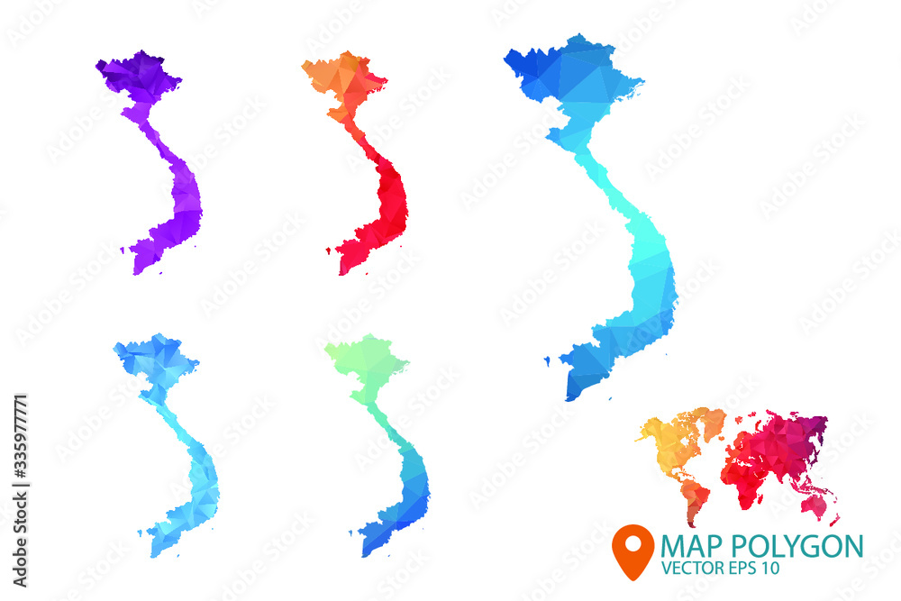 Vietnam Map - Set of geometric rumpled triangular low poly style gradient graphic background , Map world polygonal design for your . Vector illustration eps 10.