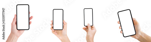 Business Communication Concept : Hand holding old black smartphone isolated on white background.