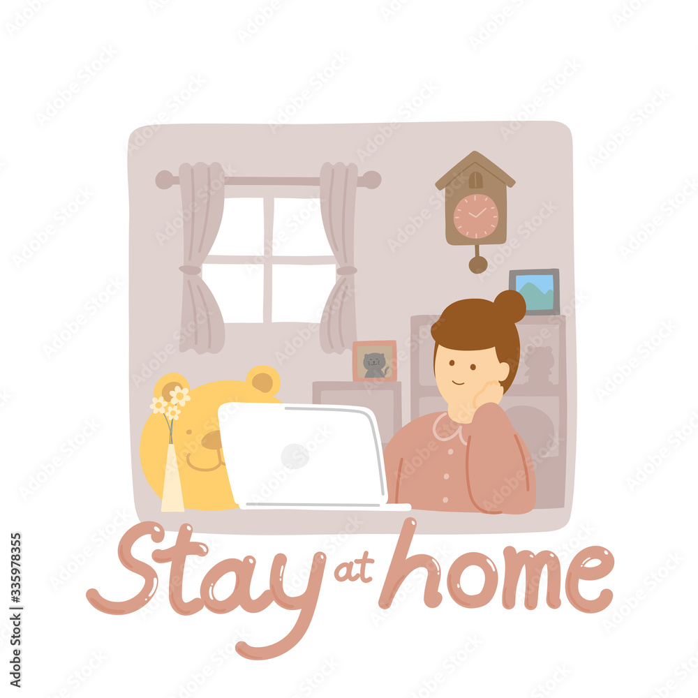 Quarantine Woman with laptop keep distance to protection covid-19 outbreak, Social distancing stay at home concept poster or social banner illustration isolated on background with copy space, vector