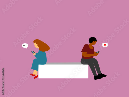 Vector draw cartoon character women and man sit down talk together on phone with messages, flat design social media communication networks isolated in mobile smartphones 