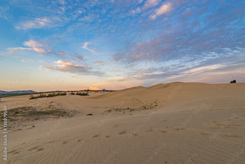 Beautiful beach sand dune under sunset sky 