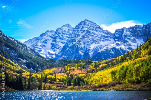 mountain landscape with lake and blue sky