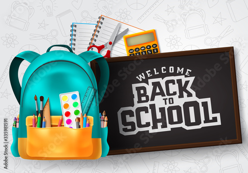 Welcome back to school vector concept design. Welcome back to school typography in chalkboard space for text with school supplies and education elements in patterned background. Vector illustration. 
