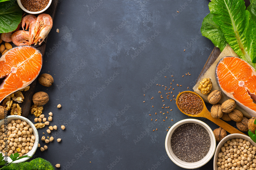 Frame of Food sources of omega 3 and omega 6. Foods high in fatty acids