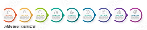 Minimal Business Infographics template. Timeline with 9 steps, options and marketing icons .Vector linear infographic with nine conected elements. Can be use for presentation.