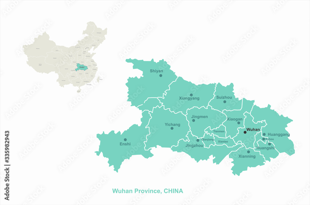 wuhan map. hubei province, china. vector map of wuhan.