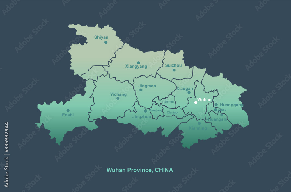 wuhan map. hubei province, china. vector map of wuhan.
