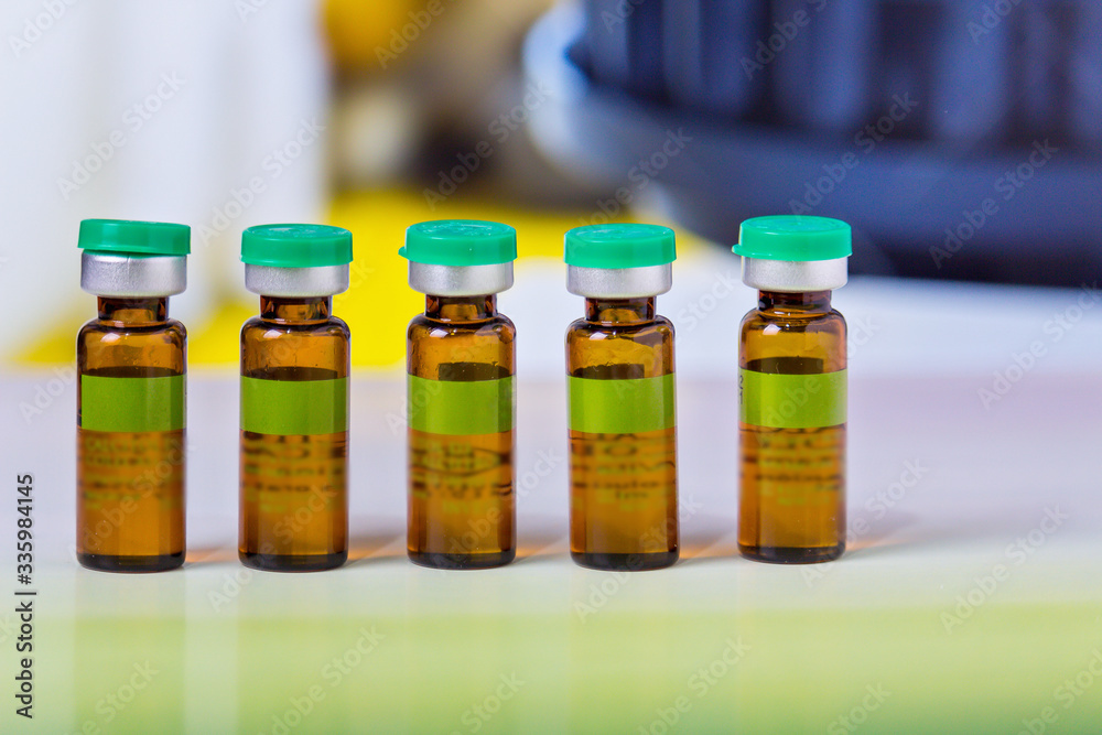 flasks with medicines laboratory bench flasks with medicines laboratory bench