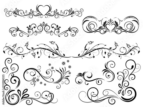 Set of  vintage floral ornament, Hand drawn decorative element, vector illustration of floral element isolated on black background, design for page decoration cards, wedding, banner, frames