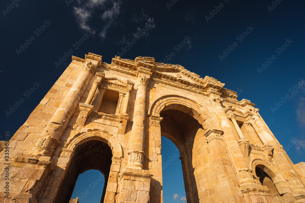 Gate of Hadrian in the ancient Roman in Jordanian city of Jerash, Jordan, Arab