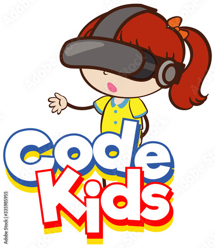Font design for word code kids with girl wearing VR mask