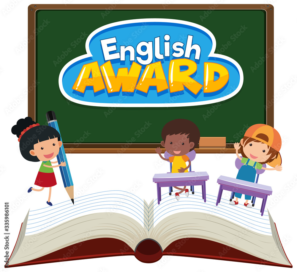 Background design for English award with kids in the classroom