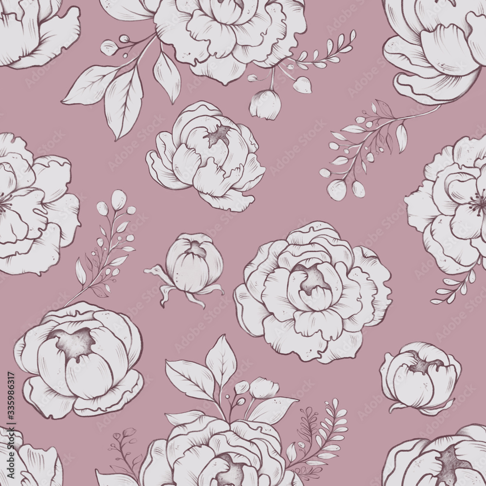 Graphic flowers, Illustration on a pink background, Seamless Pattern