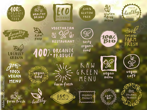 Organic food labels set. Quarantine home food delivery service logo design templates