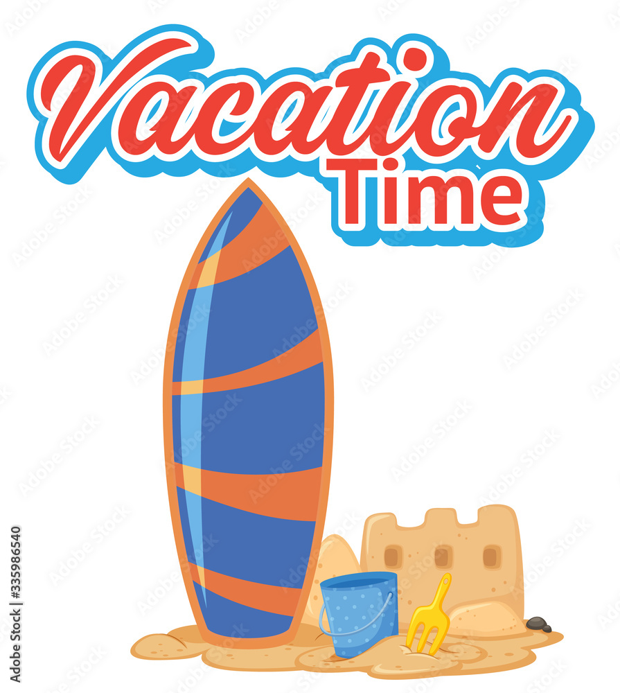 Font design template for word vacation time with surfboard on the beach