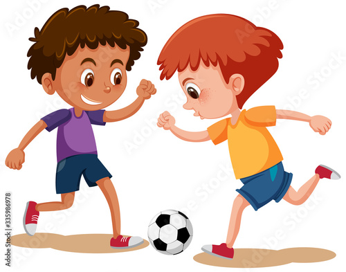 Happy boys playing soccer on white background