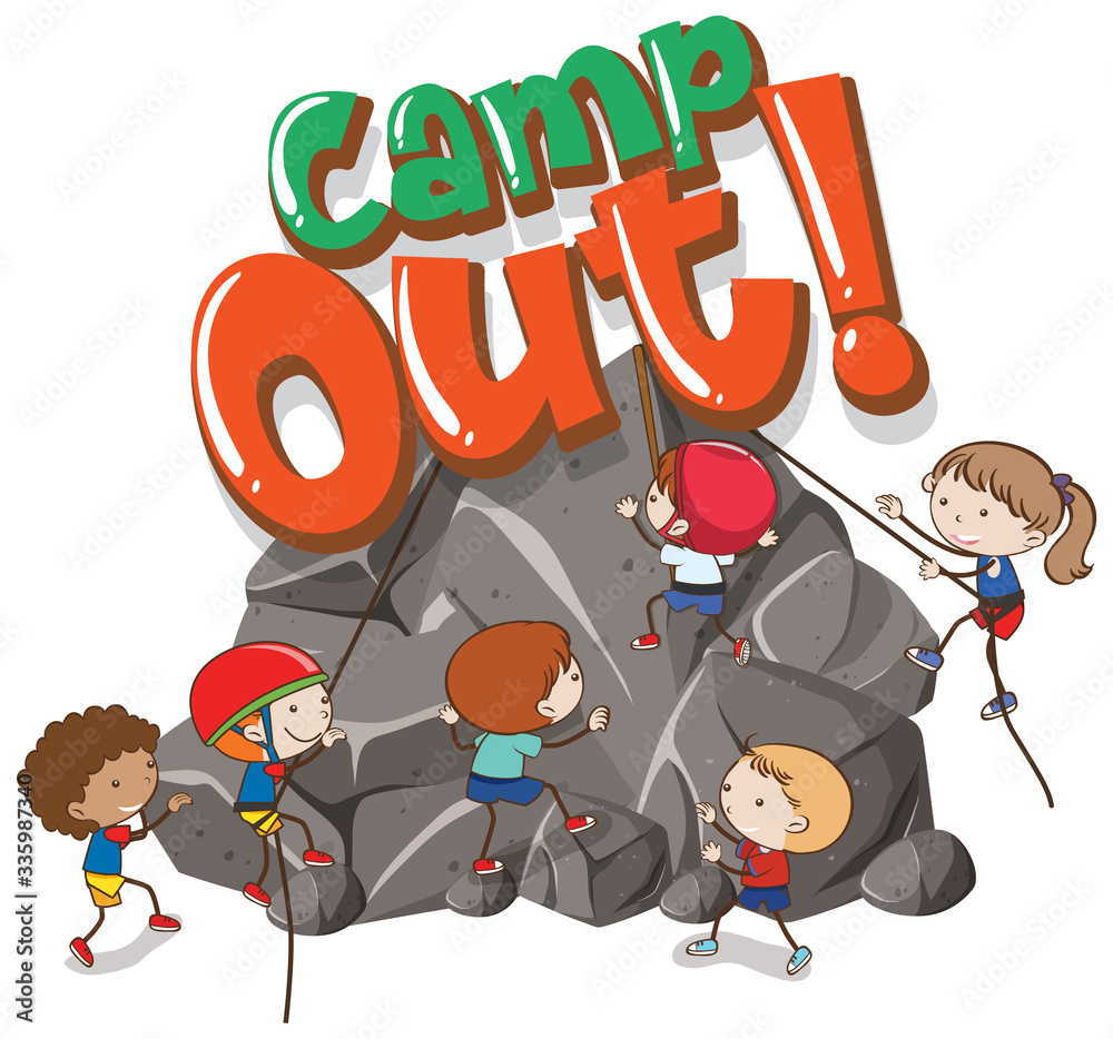 Fototapeta premium Font design template for word camp out with kids climbing rock