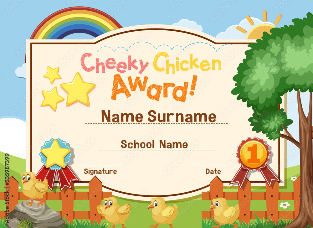 Fototapeta premium Certificate template design for cheeky chicken award with little chicks in background