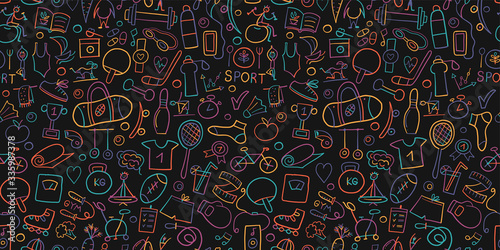 Healthy Lifestyle Background. Sport and activity. Fintess design elements. Seamless Pattern