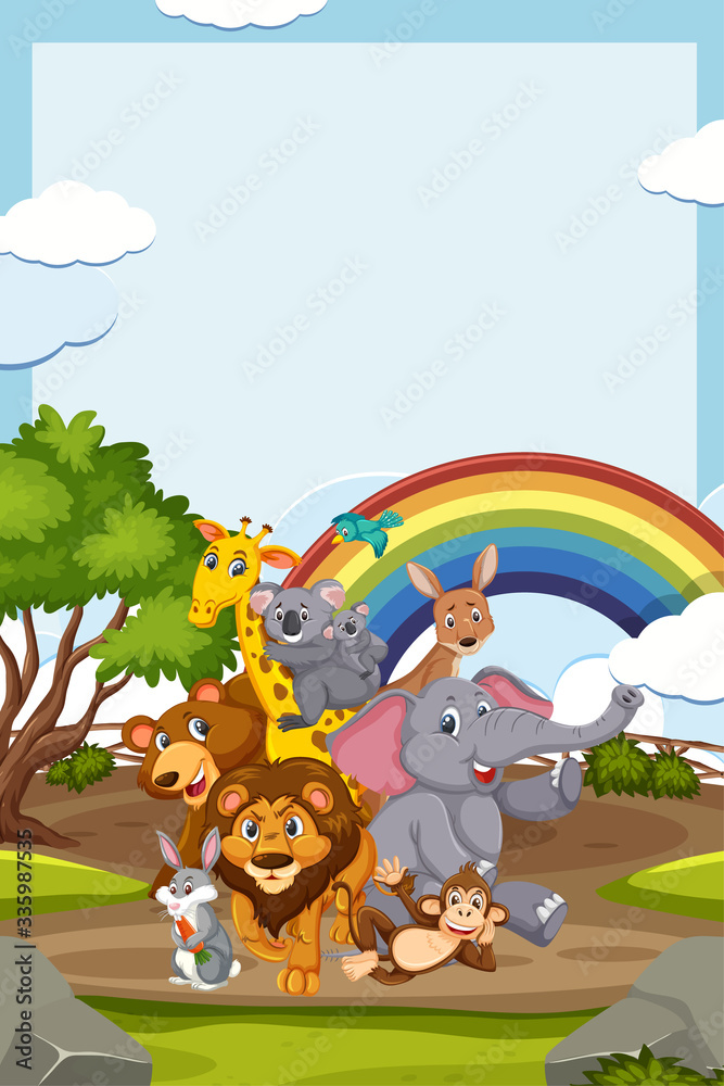 Obraz premium Border template design with many wild animals in background