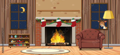 Background scene with fireplace in big living room