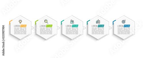 Minimal Business Infographics template. Timeline with 5 steps, options and marketing icons .Vector linear infographic with five conected elements. Can be use for presentation.