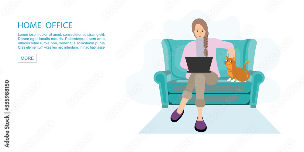 Happy woman working from home at sofa with laptop. Happy woman working from home at sofa with laptop.