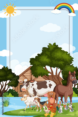Border template design with many wild animals in background