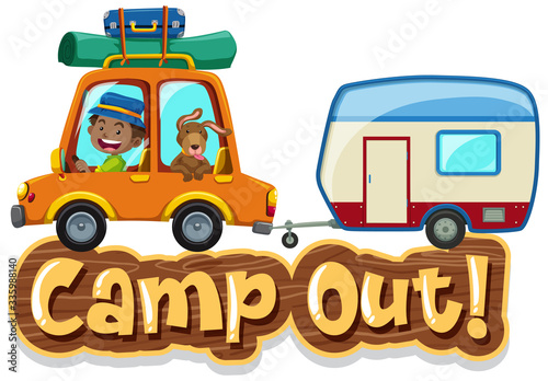 Font design for word camp out with man driving car