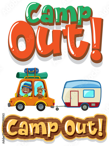 Font design for word camp out with boy driving car