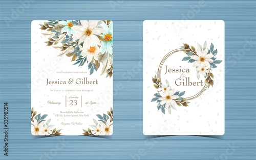 set of wedding invitation card with blue and white daisy and monogram