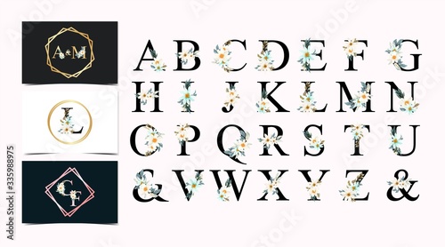 set of watercolor floral individual alphabet with white and blue daisy