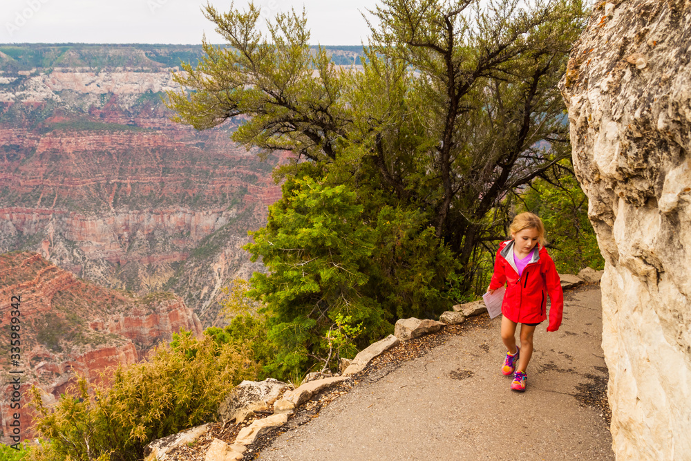 Little Girl Hiking On The Bright Angel Point Trail, North Rim, Grand Canyon National Park, Arizona, USA