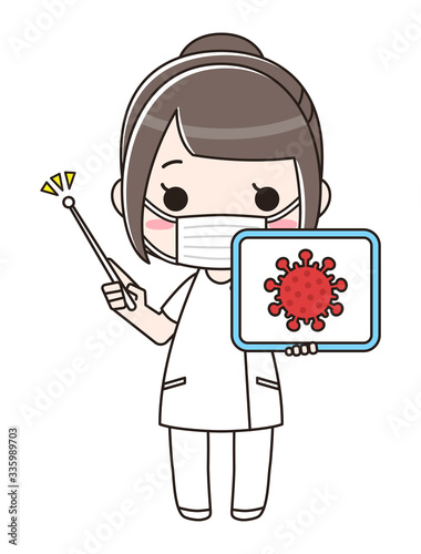 新型コロナウイルスCOVID-19（イメージ）の説明をする女性医療従事者