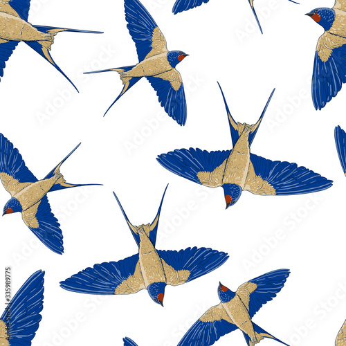 Seamless colored pattern with flying swallows