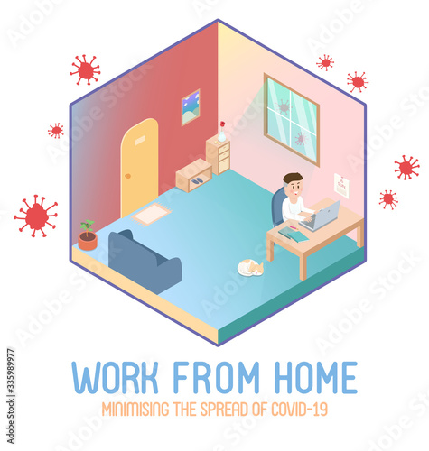 work from home for minimising the spread of covid19, colora virus, wuhan virus cartoon vector