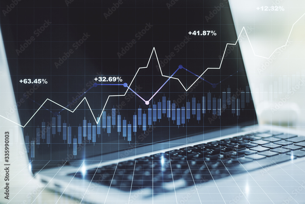 Double exposure of abstract creative financial chart on modern laptop background, research and strategy concept Double exposure of abstract creative financial chart on modern laptop background, research and strategy concept