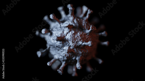 Concept of COVID-19 medical illustration. Coronavirus. Microscope virus close up. 3D rendering.