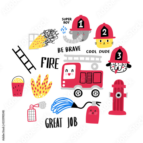 Vector cartoon illustration of firefighting characters, fire truck, extinguisher, hydrant and fire.
