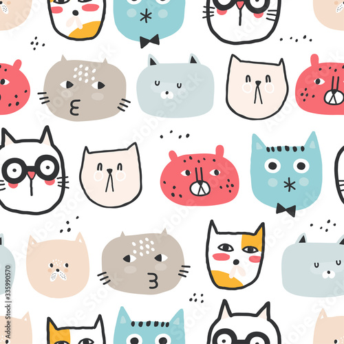 Fototapeta Naklejka Na Ścianę i Meble -  Childish seamless pattern with different funny cats. Creative childish texture for fabric, wrapping, textile, wallpaper, apparel. Vector illustration.