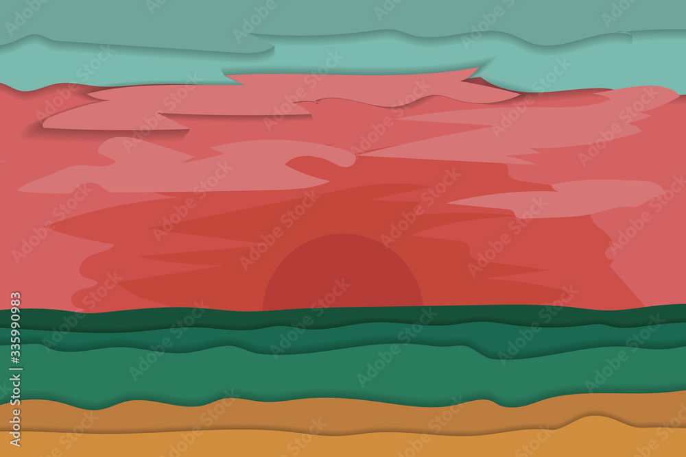 Color summer background with sunset and sea. Vector illustration