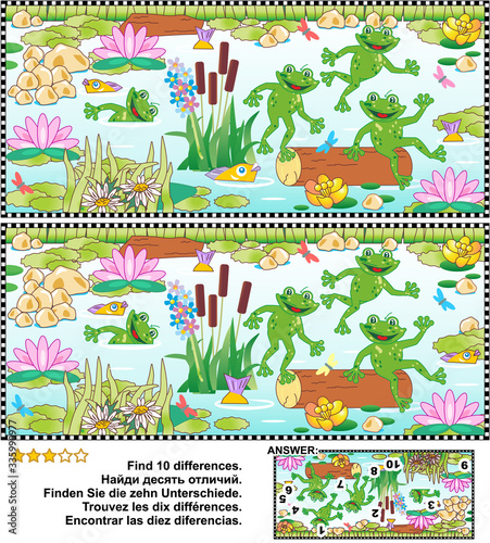 Find the ten differences visual puzzle with playful happy frogs and pond life. Answer included.
