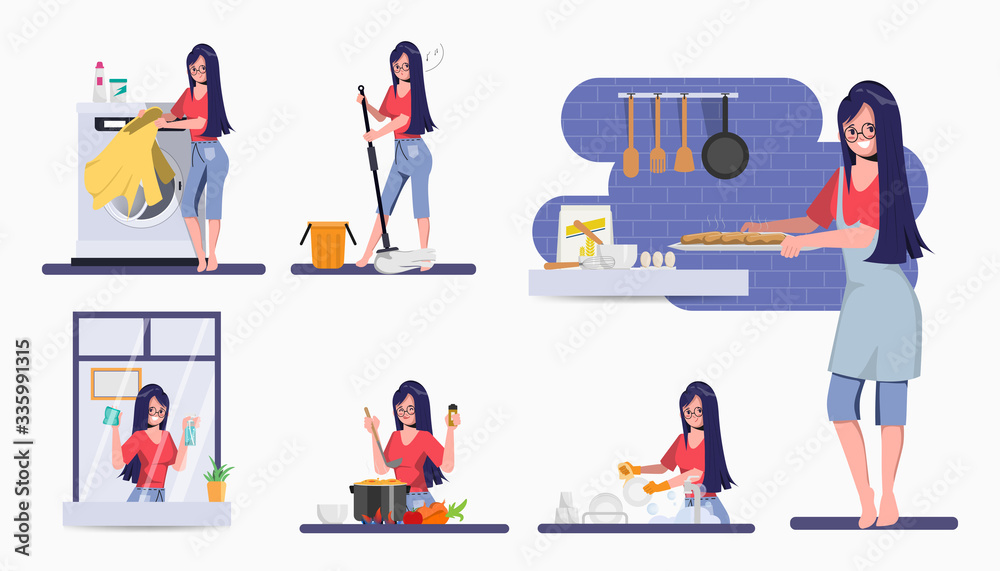 Woman in mother daily routine activity character. Housewife stay at home character.