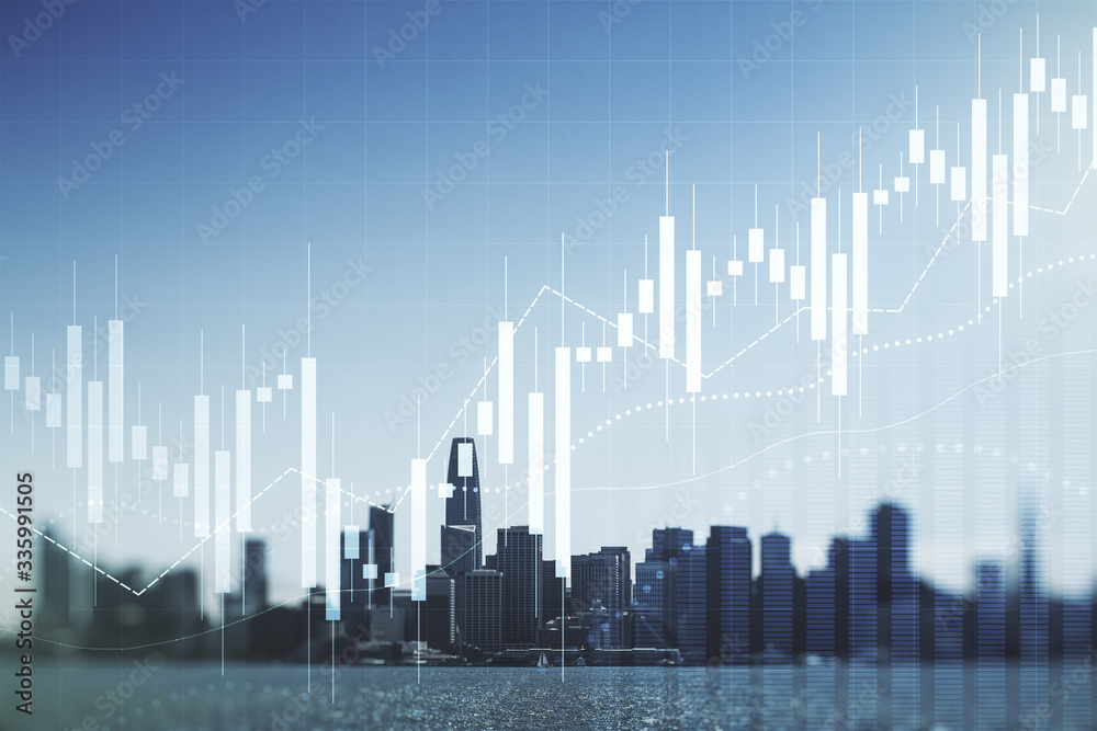 Multi exposure of virtual creative financial chart hologram on San Francisco skyscrapers background, research and analytics concept Multi exposure of virtual creative financial chart hologram on San Francisco skyscrapers background, research and analytics concept